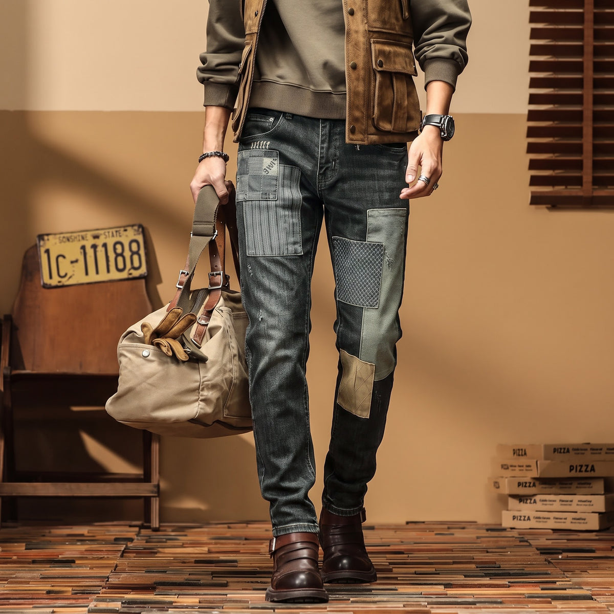 Men's Patchwork Worker Jeans – Charcoal