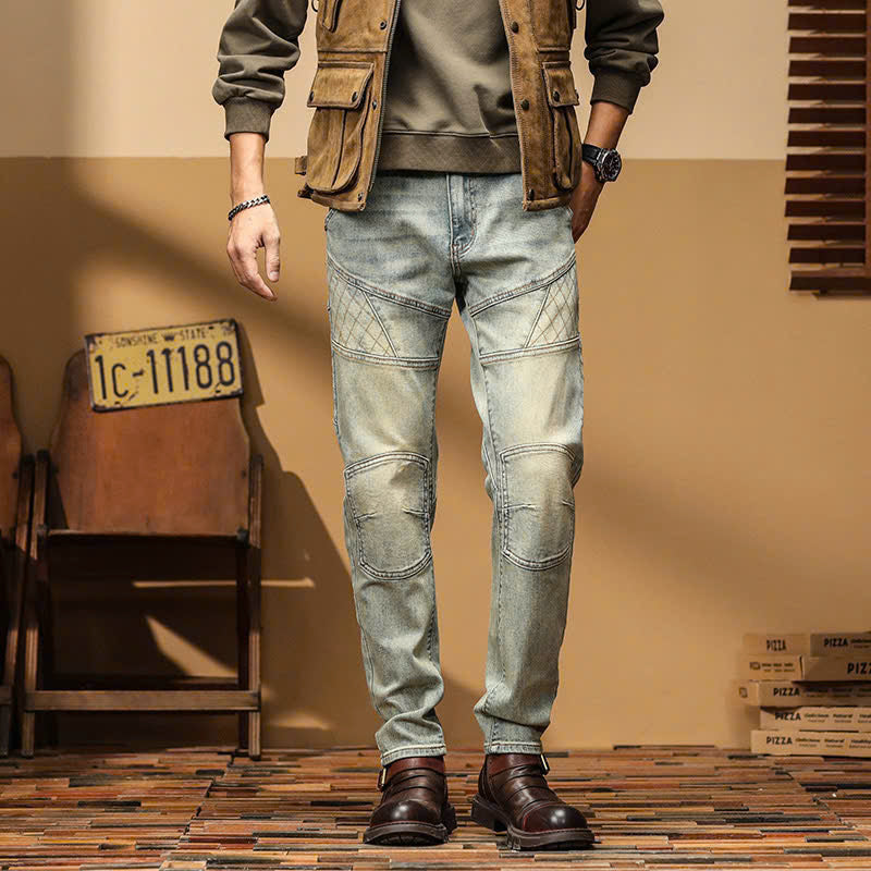 Men's Vintage Wash Paneled Biker Jeans