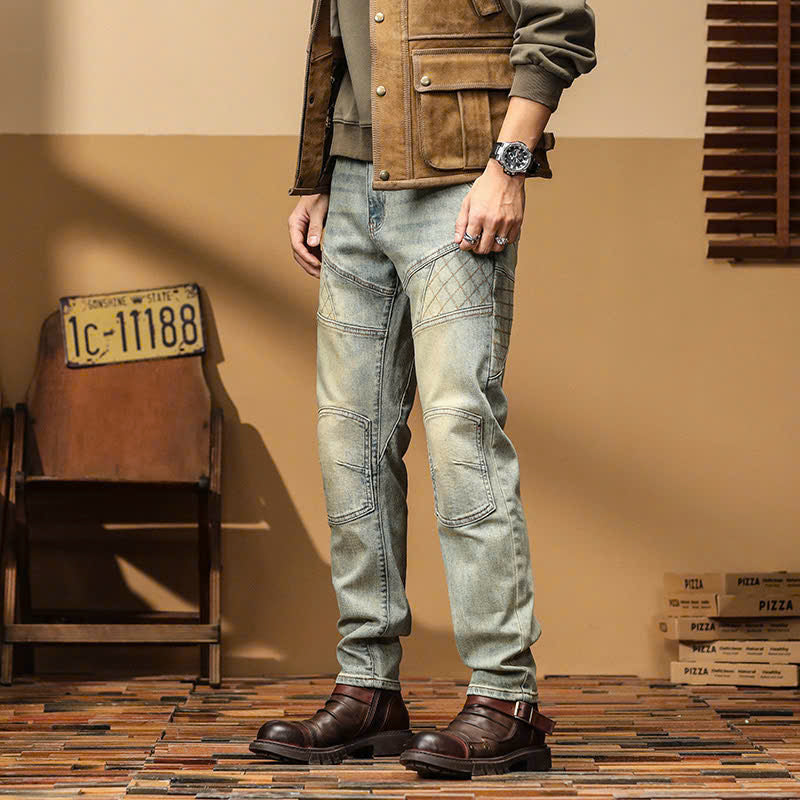 Men's Vintage Wash Paneled Biker Jeans