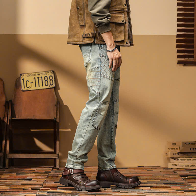 Men's Vintage Wash Paneled Biker Jeans