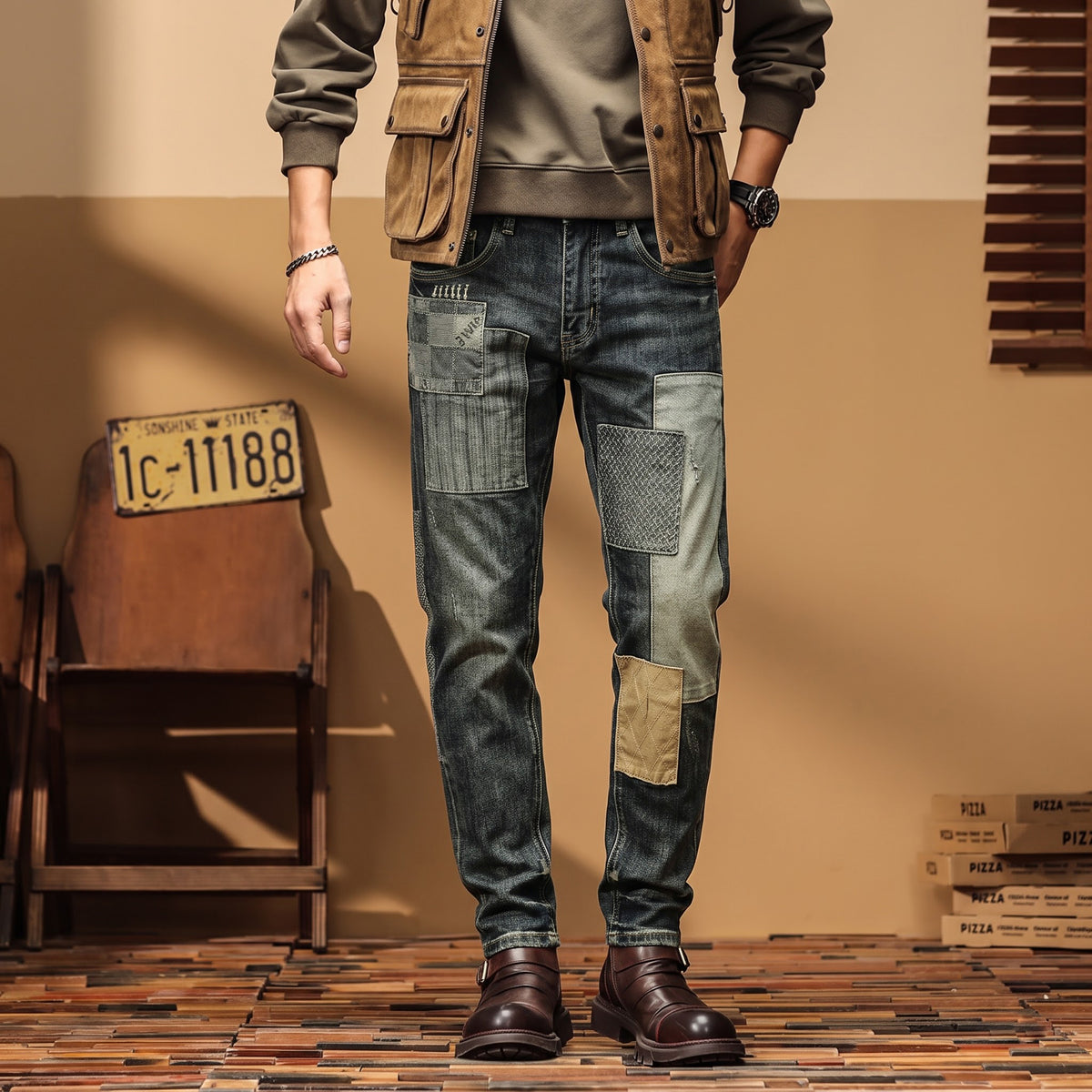 Men's Patchwork Worker Jeans – Charcoal