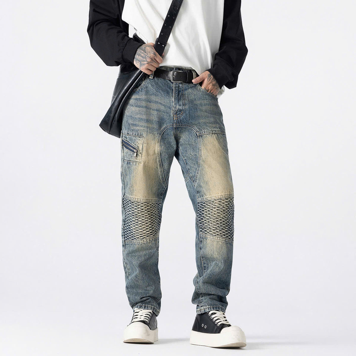 Men's Vintage Blue Textured Biker Jeans