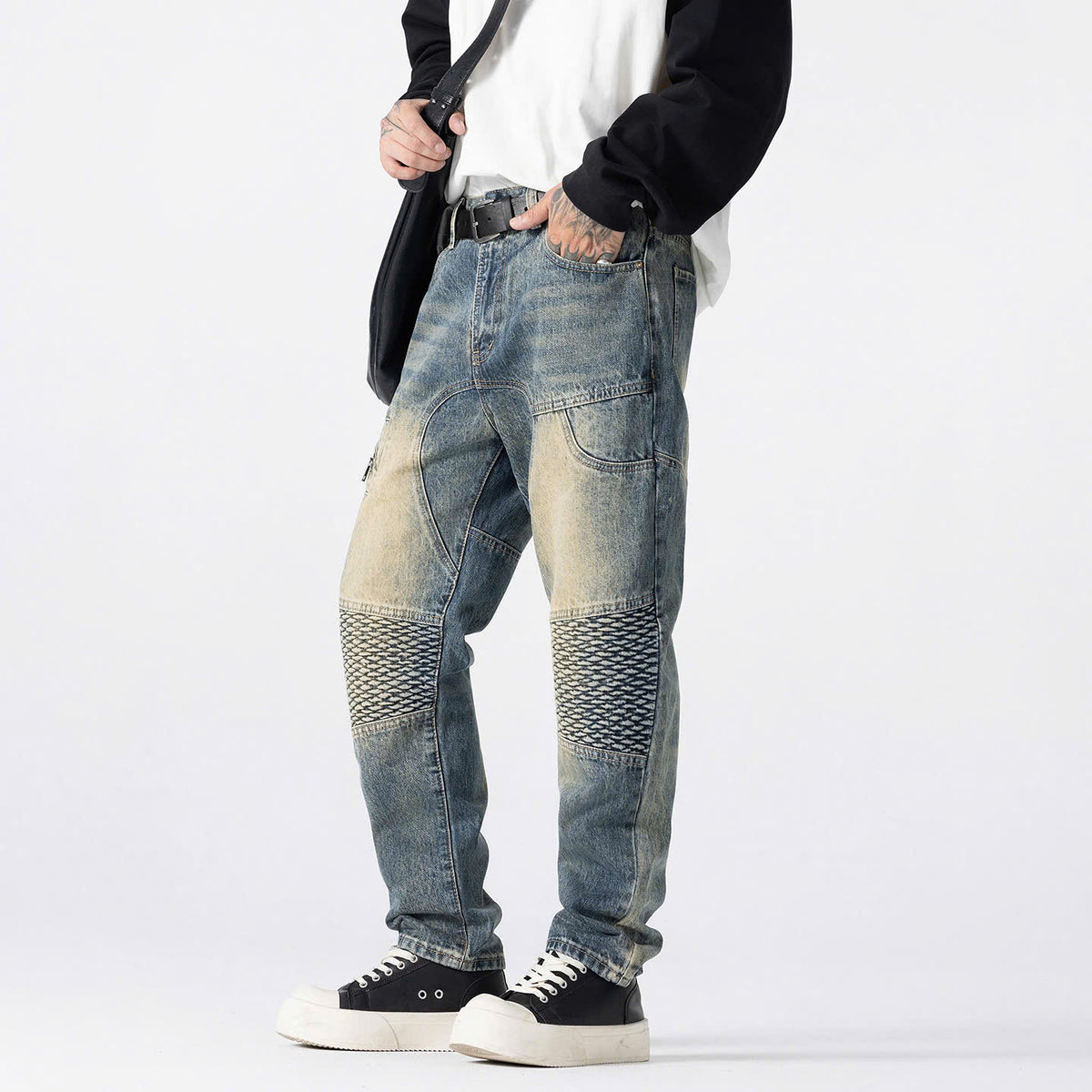 Men's Vintage Blue Textured Biker Jeans