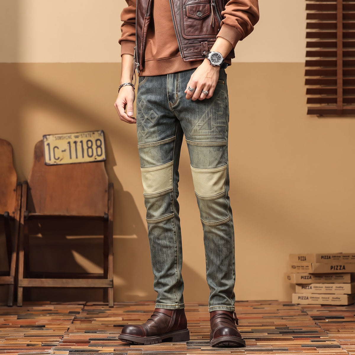 Men's Vintage Olive Biker Jeans