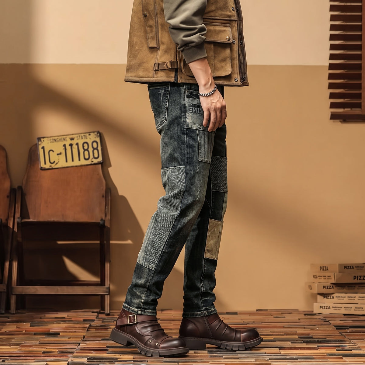 Men's Patchwork Worker Jeans – Charcoal