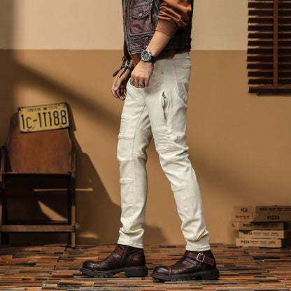 Men's Ivory Ribbed Biker Jeans