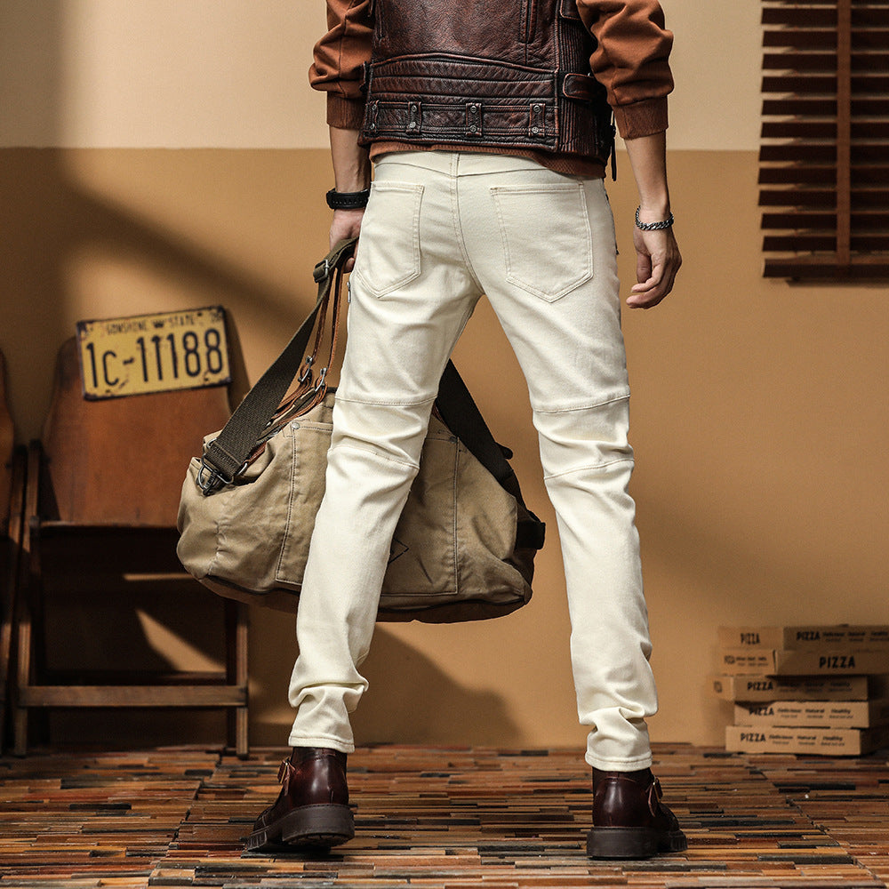 Men's Ivory Ribbed Biker Jeans