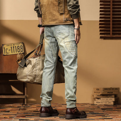 Men's Vintage Wash Paneled Biker Jeans