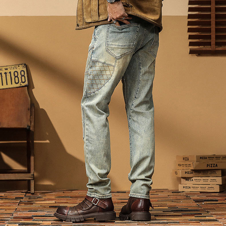 Men's Vintage Wash Paneled Biker Jeans