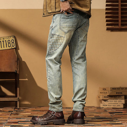 Men's Vintage Wash Paneled Biker Jeans