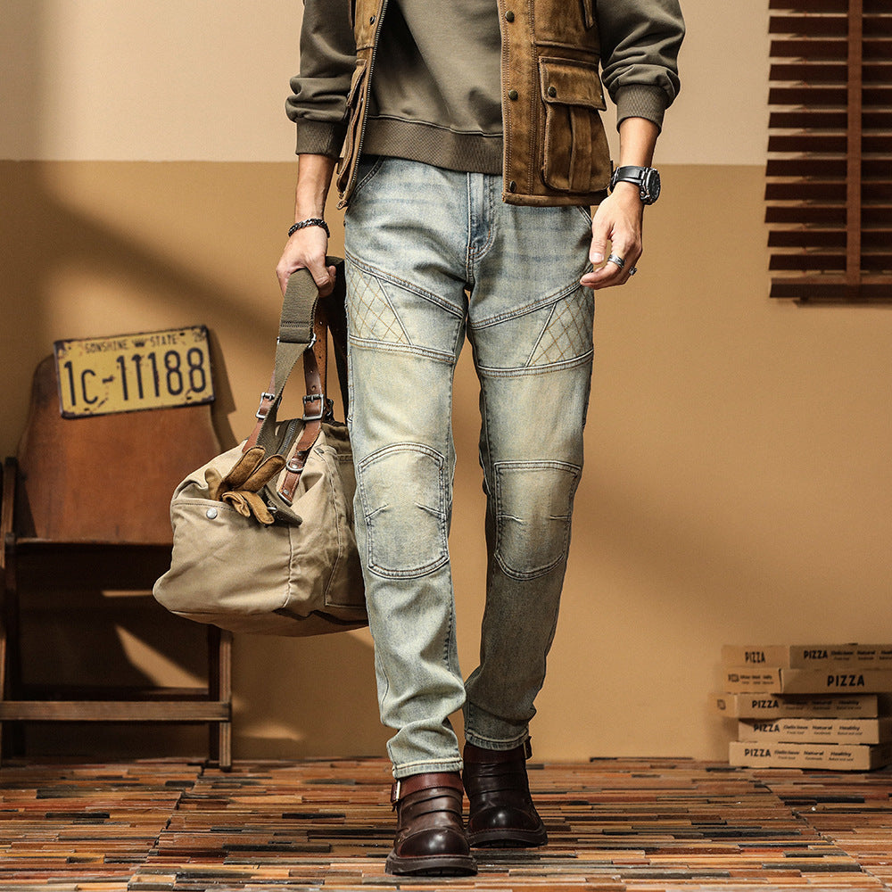 Men's Vintage Wash Paneled Biker Jeans