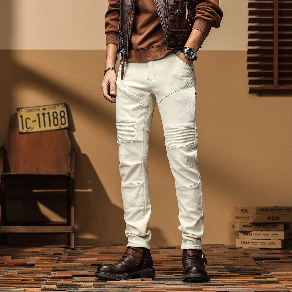 Men's Ivory Ribbed Biker Jeans