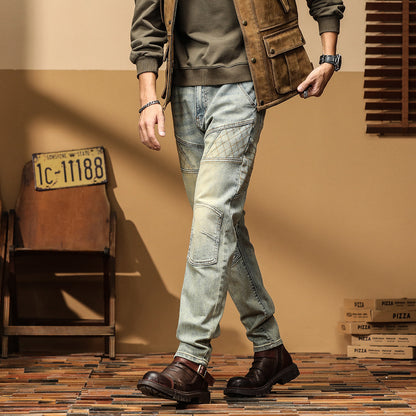 Men's Vintage Wash Paneled Biker Jeans